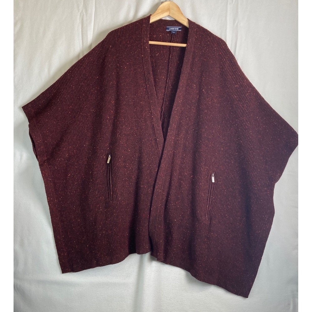Lands End Womens Open Front Poncho Cardigan Burgundy Wool Blend Marl OS